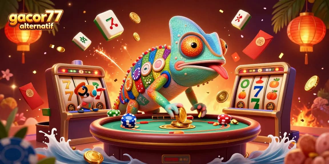 Menangkan permainan di gacor77 alternatif dengan ilustrasi kasino 3D penuh warna dan dinamis.