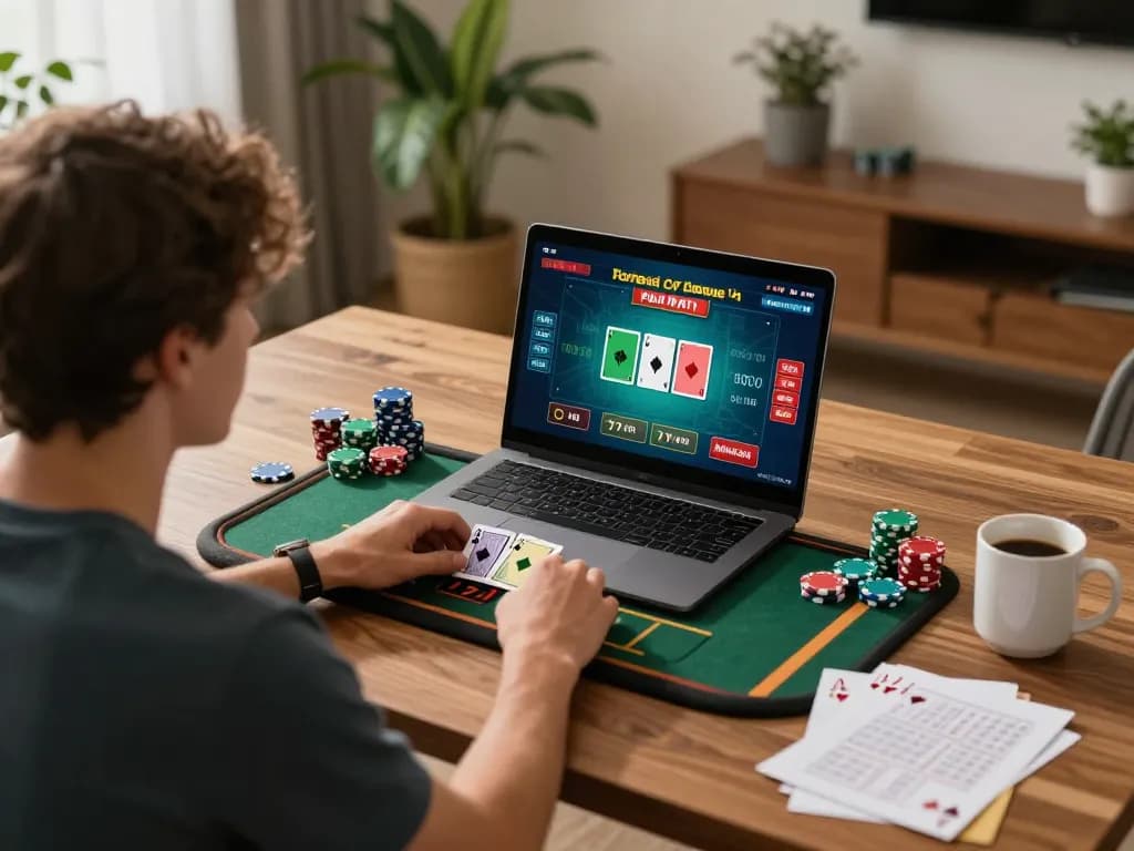 Engaging in online gaming at home with the link chính thức SC88 displayed on laptop screen, creating a responsible gambling atmosphere.