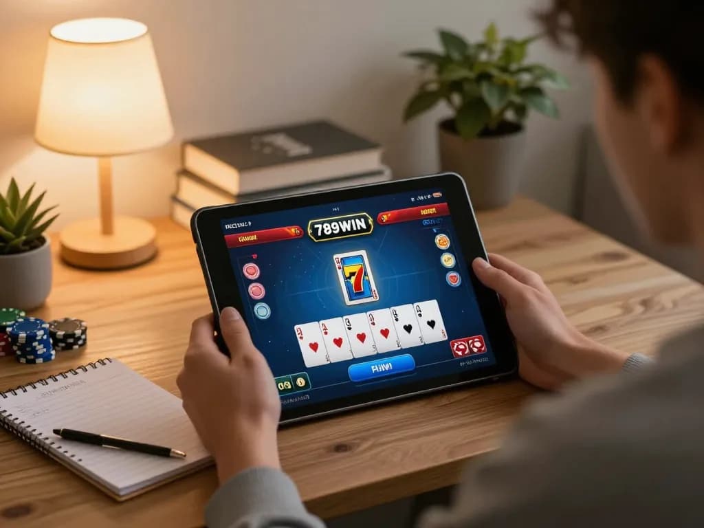 Engaging in poker gameplay on 789WIN from a cozy home environment, featuring a tablet interface and bankroll management.