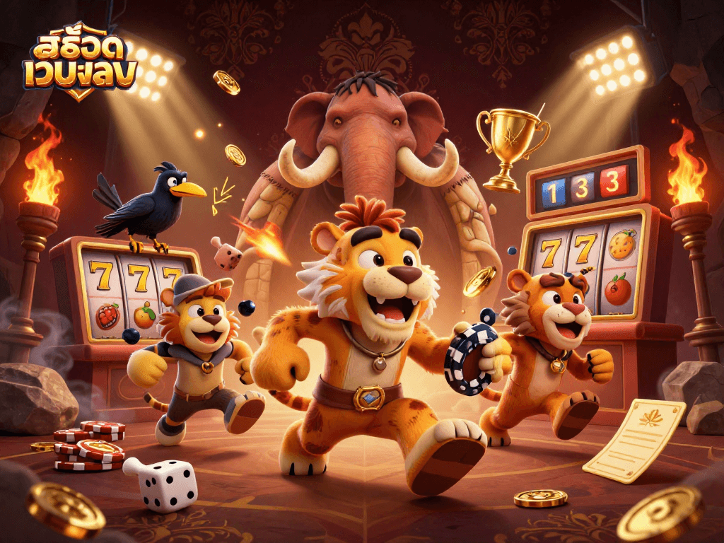 Play exciting slot games at สล็อตเว็บตรง with immersive prehistoric-themed casino illustration, featuring animated characters and vibrant elements.
