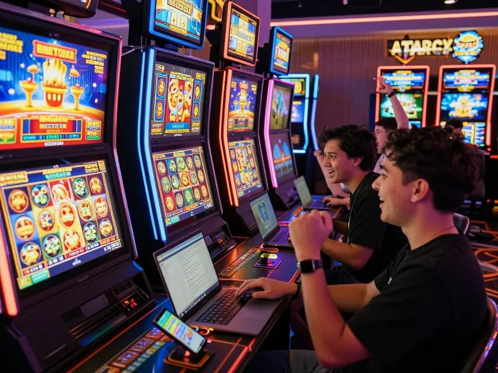 Excited players engaging with link gacor slot machines in a vibrant digital casino atmosphere.