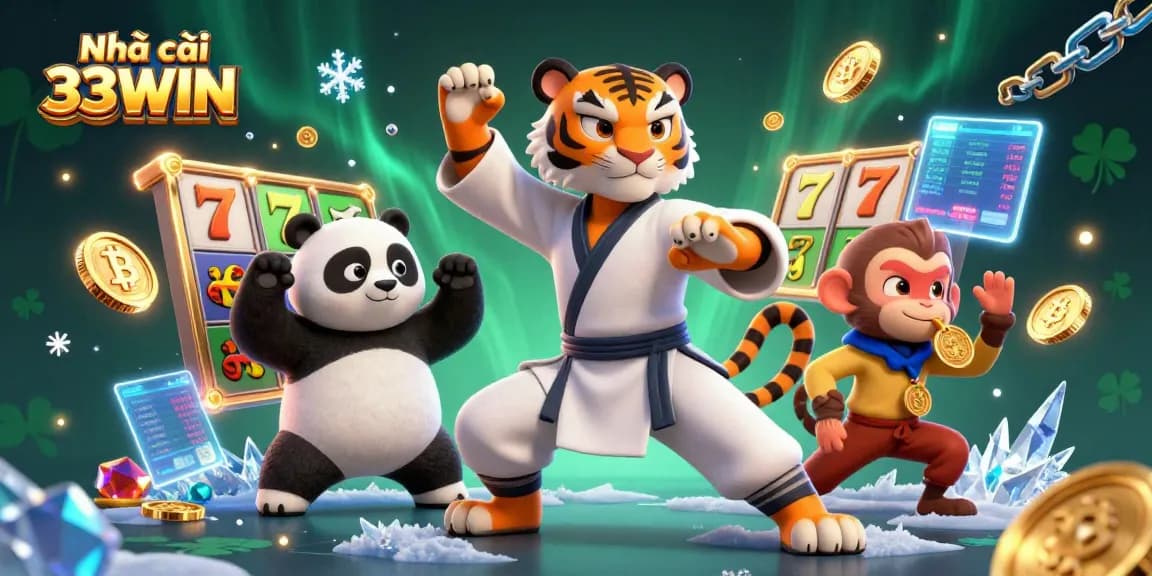 Engage in thrilling adventures with Nhà cái 33WIN as a kung fu tiger and friends showcase luck with vibrant slot reels.