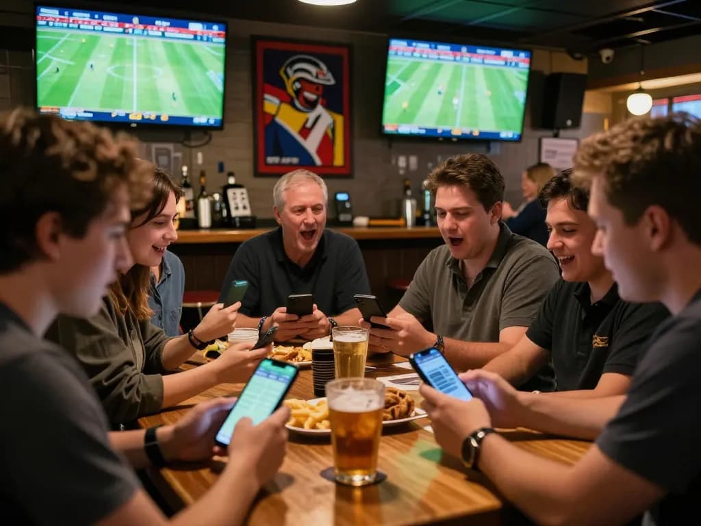 Patrons placing bets on mobile apps at sports bar, capturing the excitement of real-time action with nddo