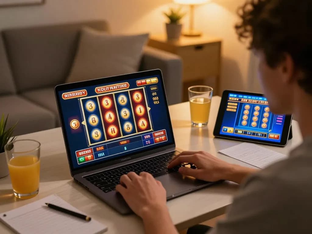 Player engaged in an exciting online slot game at home using 32win platform, cozy and strategic gaming environment.