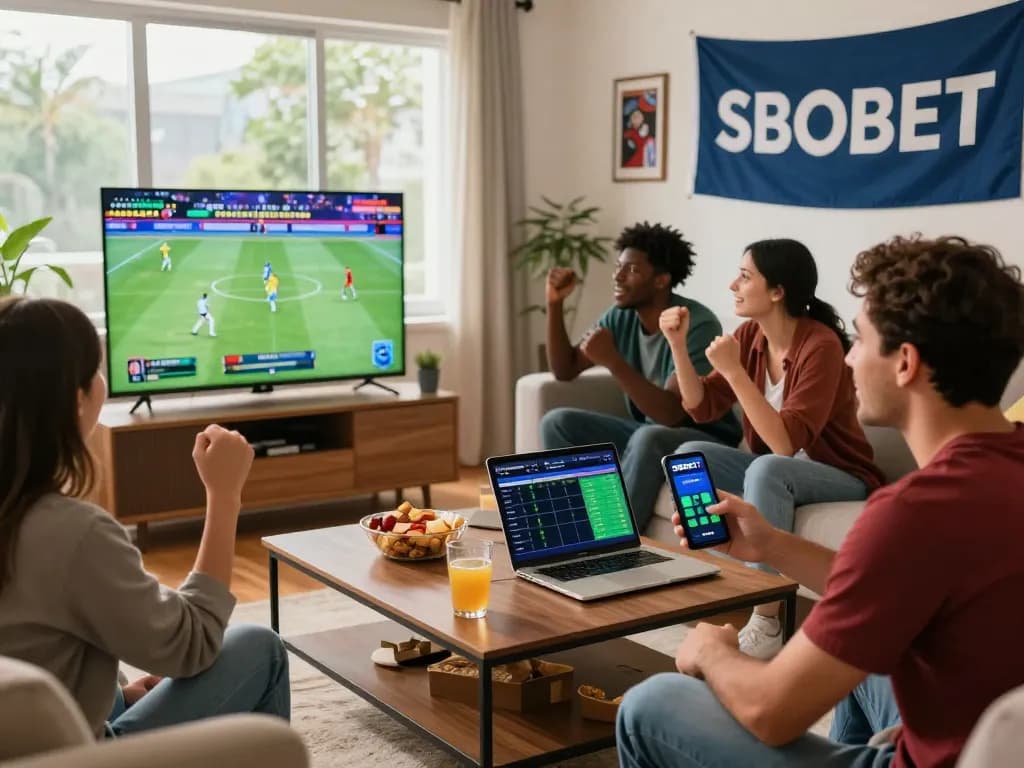 SBOBET betting excitement with friends watching a live sports event in a lively living room.