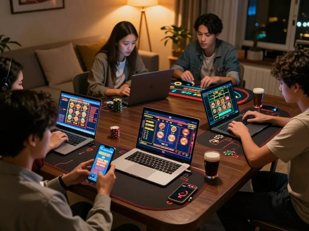 LUCKYWIN players enjoying an engaging online gaming experience using laptops and smartphones in a cozy environment.