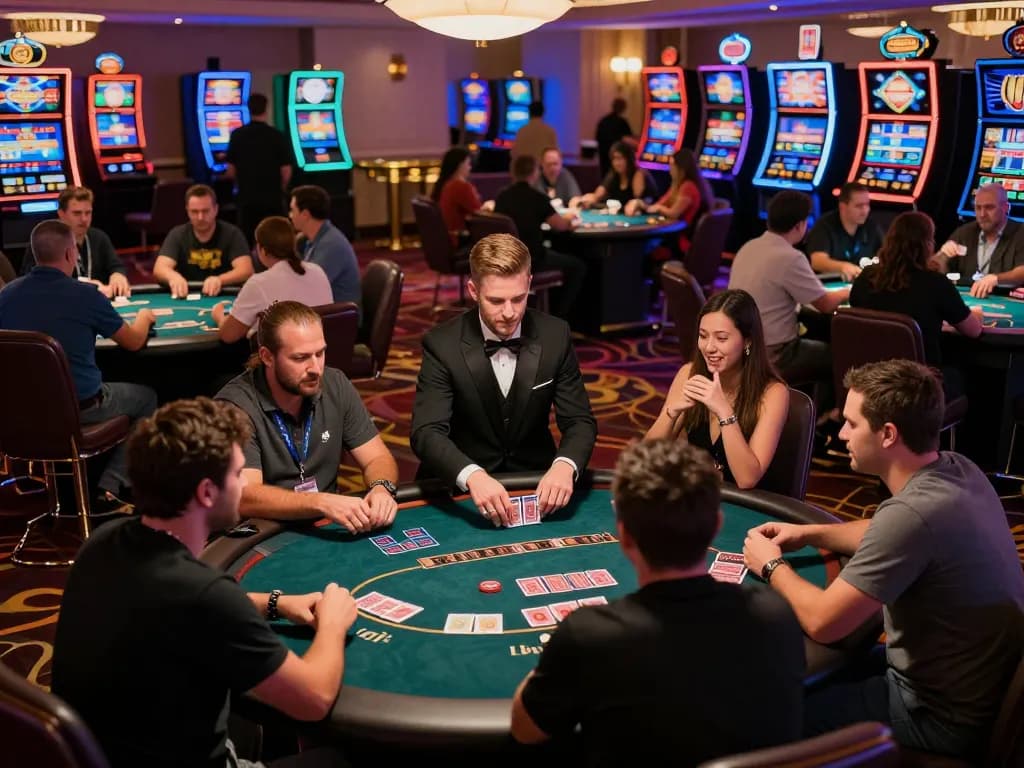 Players engaging in competitive poker at a lively casino floor showcasing trusted situs idn poker excitement.