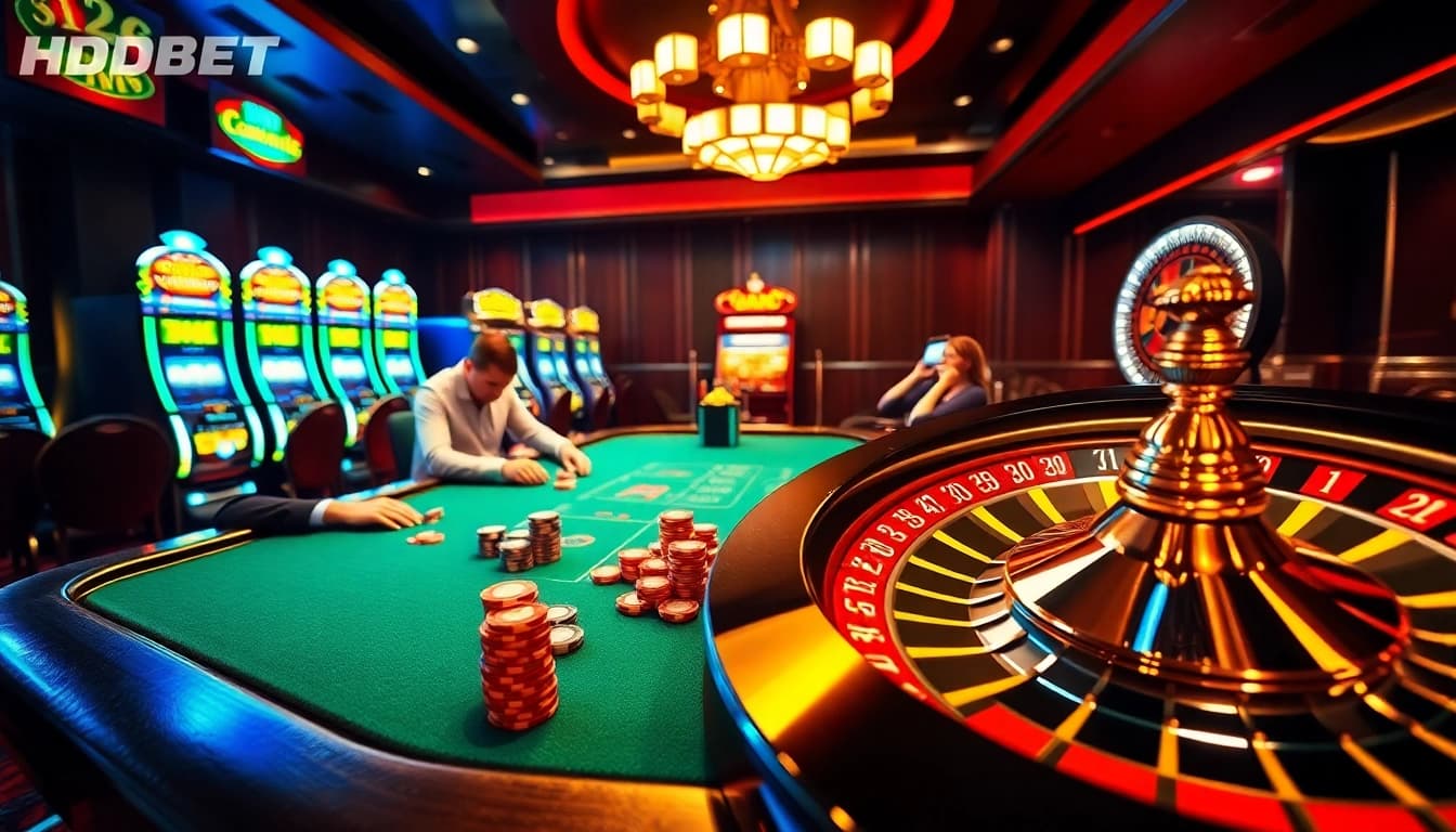 Players experiencing the thrill of high-stakes poker at HDBET casino, surrounded by vibrant gaming elements.