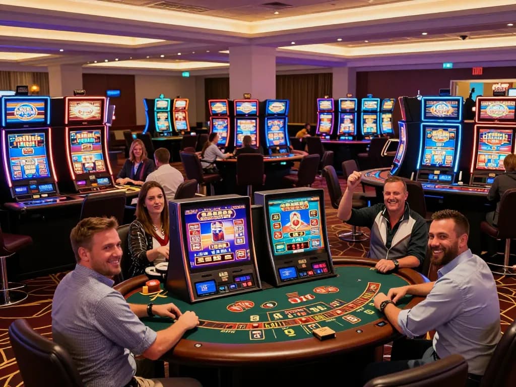 South African casinos bustling with players enjoying slot machines and table games in a lively atmosphere.