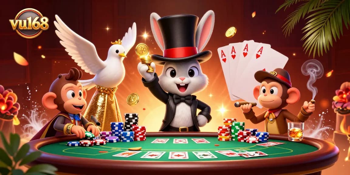Experience thrilling bets with vu168 as a magician rabbit conjures winnings, surrounded by poker delights.