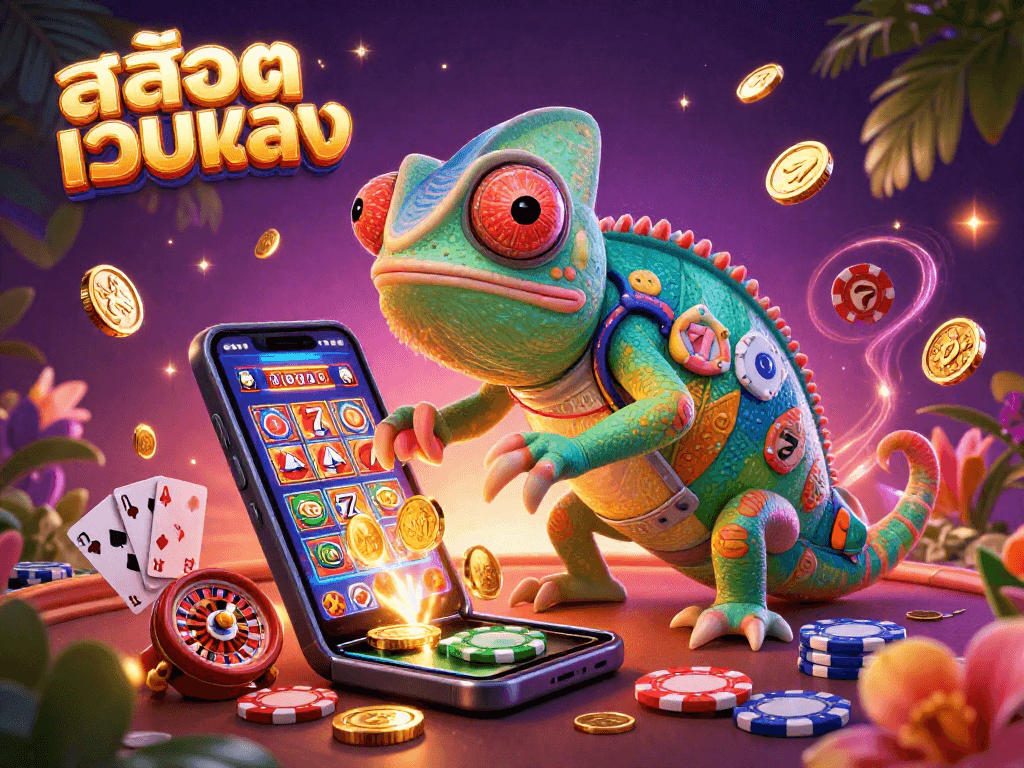 Spin slots and win at สล็อตเว็บตรง, a vibrant casino scene featuring a chameleon casino owner among games and golden coins.
