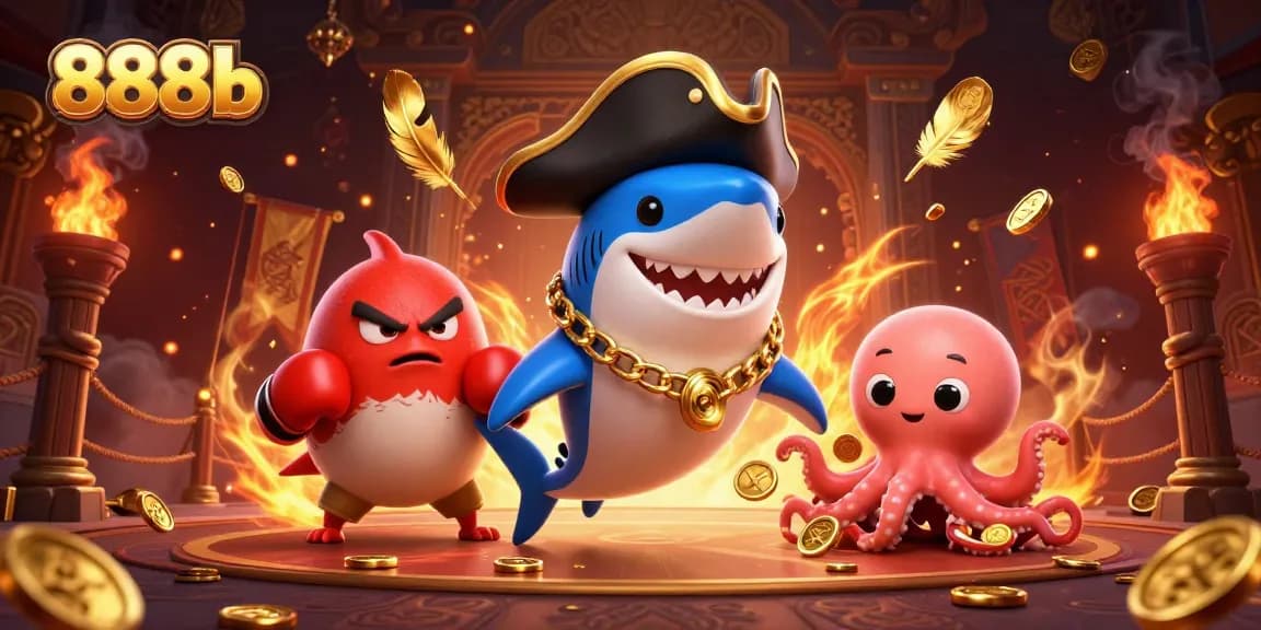 Engage with 888b's thrilling casino experience through a vibrant scene showcasing animated characters and gold coins.
