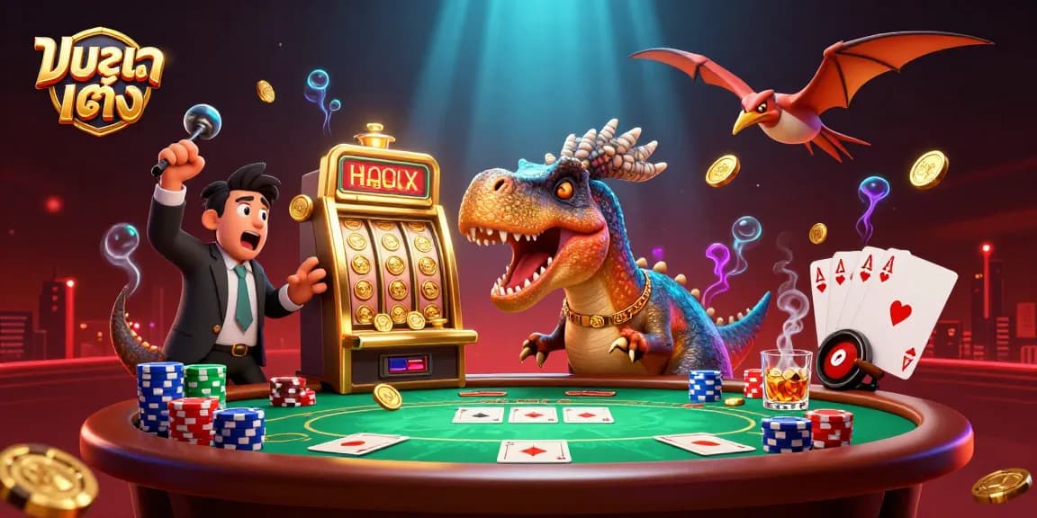 Experience thrilling แทงบอลเต็ง action as a pachycephalosaurus interacts with a jackpot slot machine amidst a vibrant casino scene.