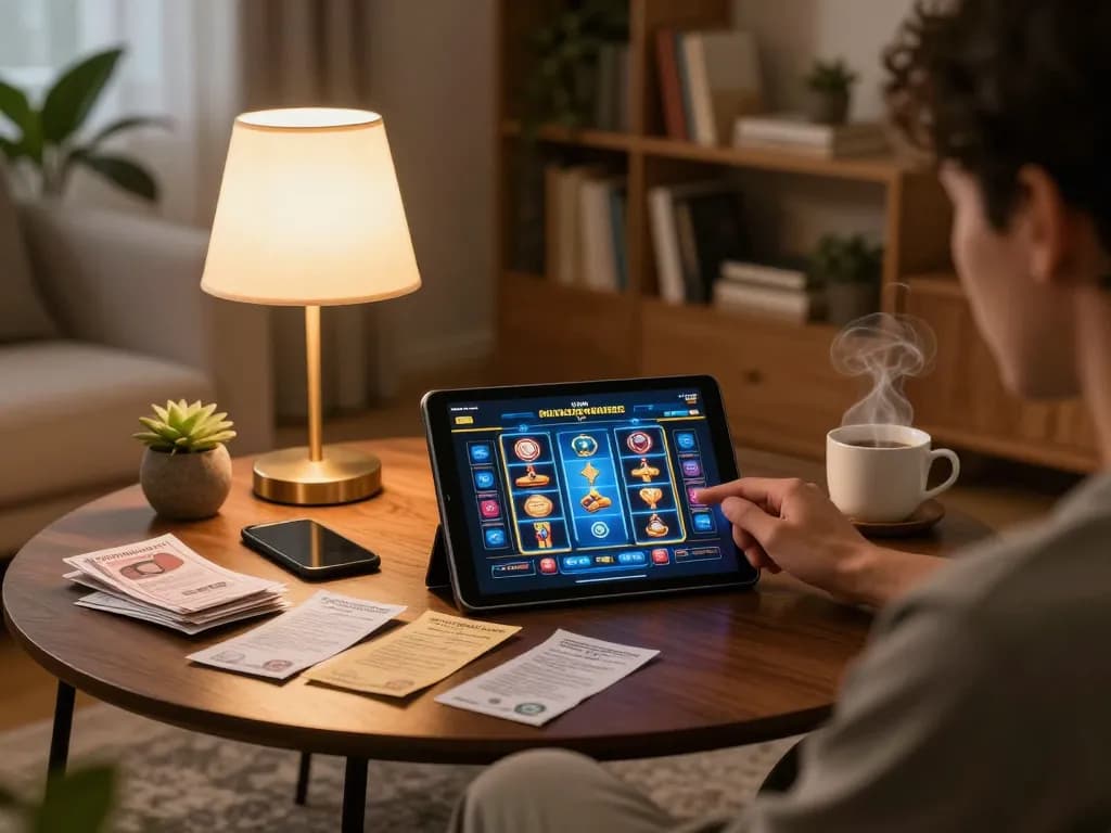 Enjoy exciting demo slot gameplay on a tablet in a cozy home setting with strategic notes visible.