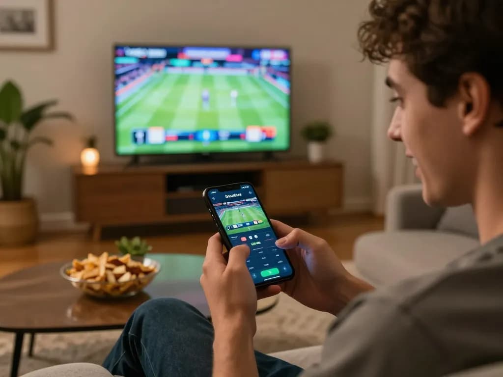 Socolive user engaged in sports betting while watching live games on TV in a cozy home setting