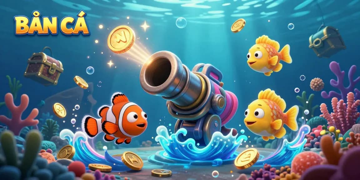 BẮN CÁ blasting underwater fish for rewards with colorful sea life, coins, and dynamic cannon action.