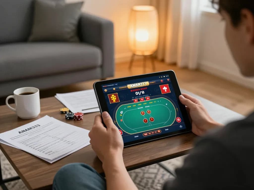 Pemain menikmati permainan poker AMAN333 di tablet dalam suasana rumah yang nyaman dengan catatan strategis.