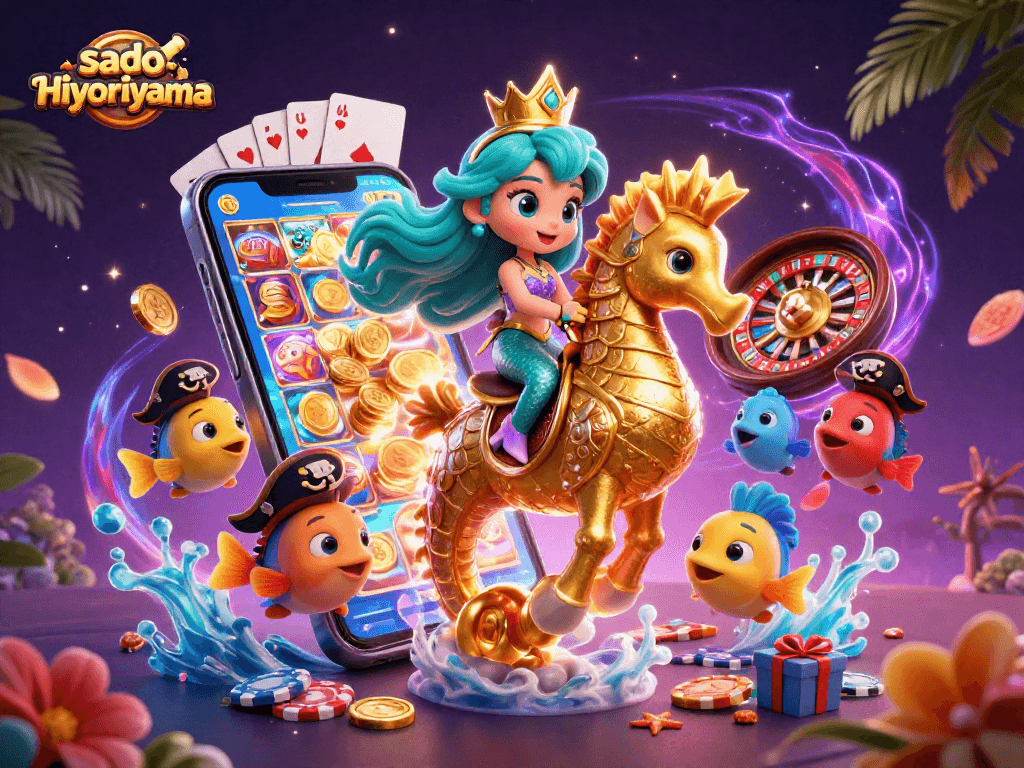 Sado-hiyoriyama invites players to experience vibrant casino thrills with a mermaid princess and seahorse in a dazzling underwater scene.