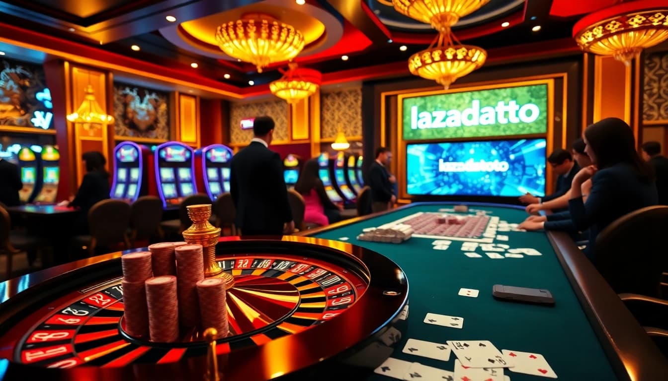 Lazadatoto casino scene with players at a roulette table amidst vibrant colors.
