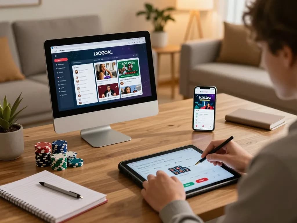 Engaging in online poker gaming using LGOGOAL platform on a tablet in a cozy living room.