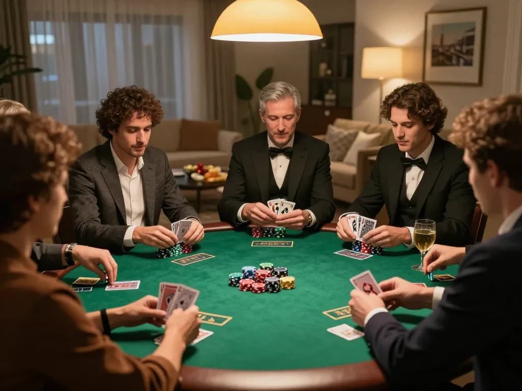 Engaged players at an exciting home poker night with bk8 strategy and social atmosphere.