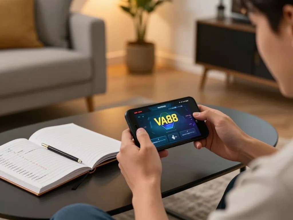 Player engaging with the VA88 online casino app on smartphone, showcasing responsible gaming atmosphere.