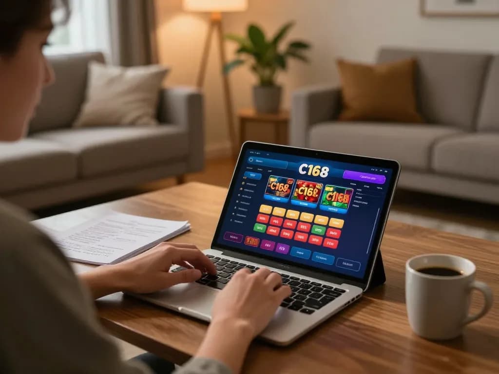 C168 user enjoying online gambling experience with strategic notes at home.