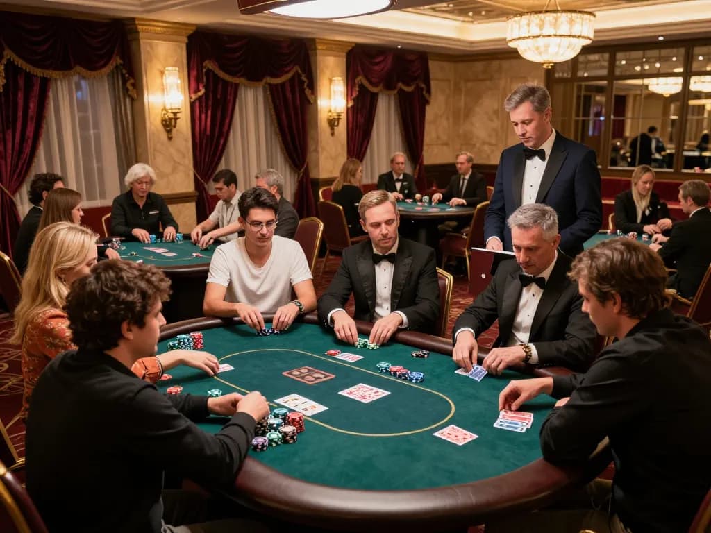 Players engaged in strategic gameplay at an elegant poker table featuring SC88 chips.