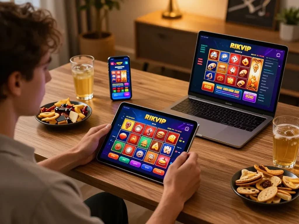 Engaging mobile gaming experience at RIKVIP with colorful casino app displayed on a tablet.