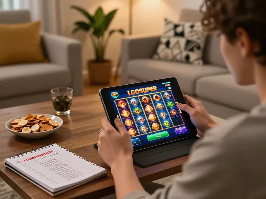 Engaging in LGOSUPER slot games on a tablet in a cozy home setting, enhancing online gambling experience
