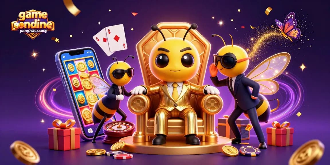 Permainan online penghasil uang dengan bos lebah kartun 3D dalam ruangan singgasana madu.