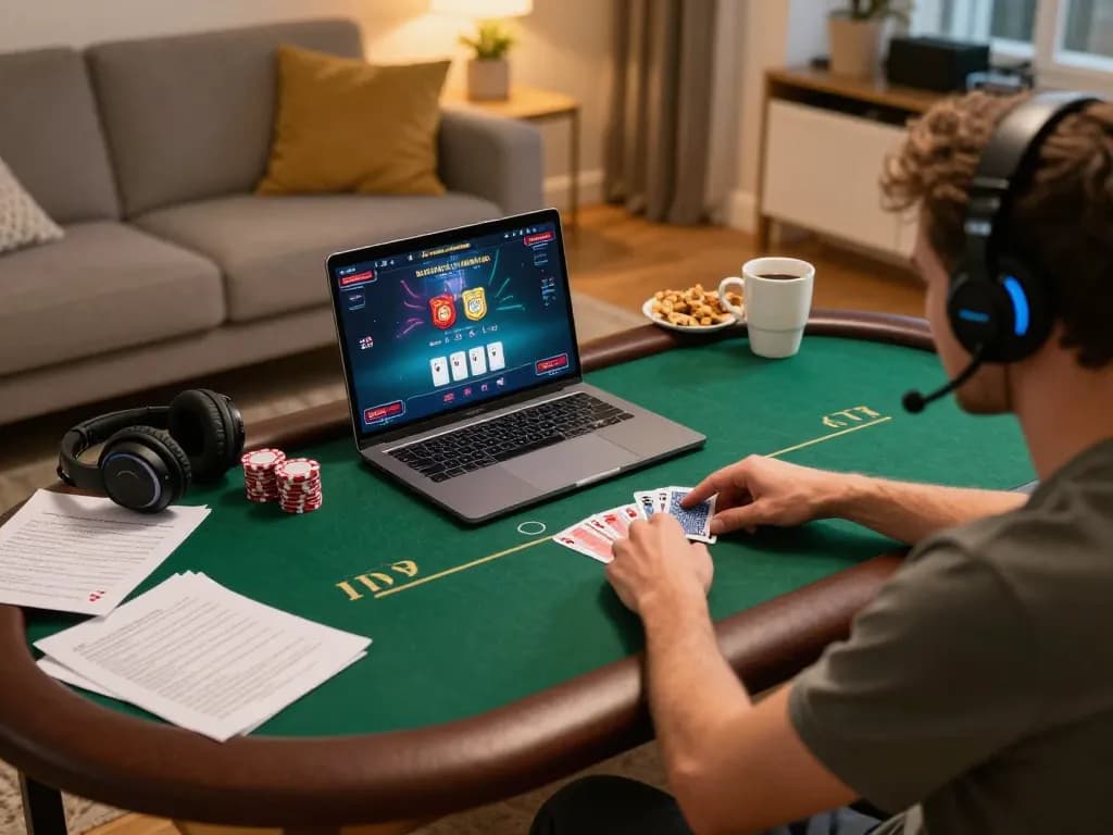 Player engaging with Hitclub online poker game, showcasing strategic gameplay and cozy home atmosphere.