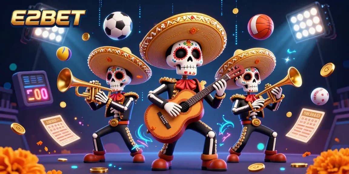 E2BET celebrates gaming excitement with a vibrant mariachi scene featuring sports elements and colorful characters.