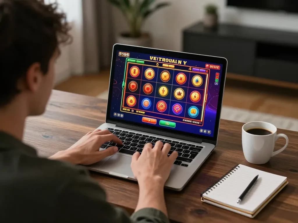 N188 player enjoying engaging slots game on laptop, showcasing strategic online gambling