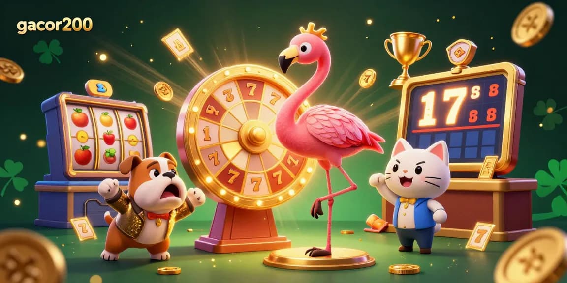 Engage with gacor200 in this vibrant 3D casino scene featuring slots and a game show atmosphere.