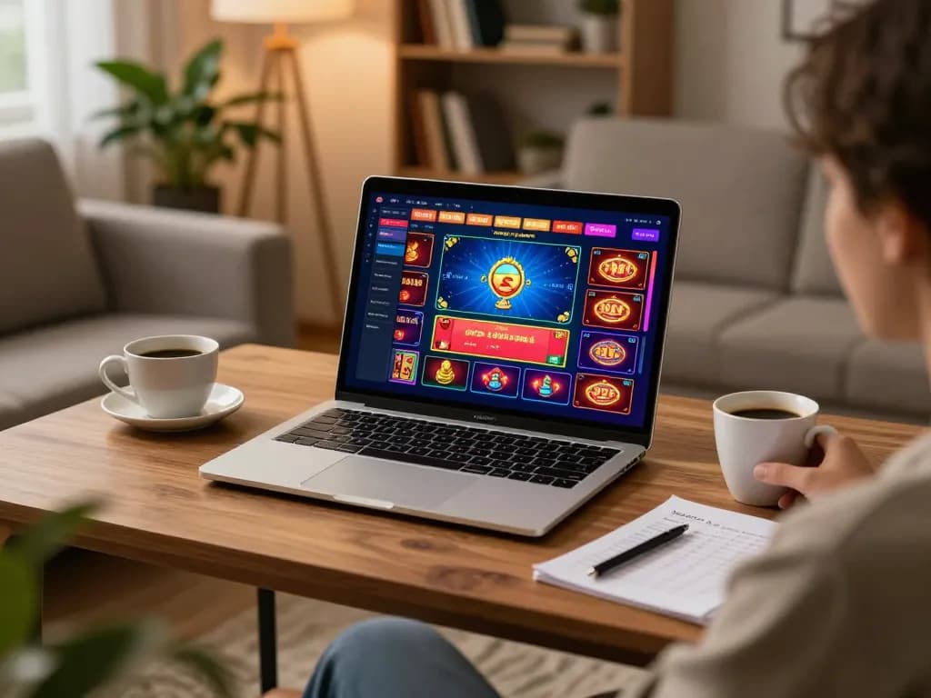 Playing llwin online casino game on a laptop with colorful interface in a cozy setting