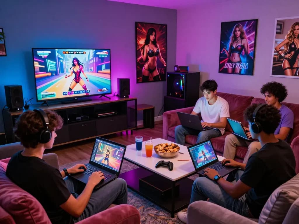 Engaged friends playing porngames in a vibrant gaming lounge with colorful LED lights.