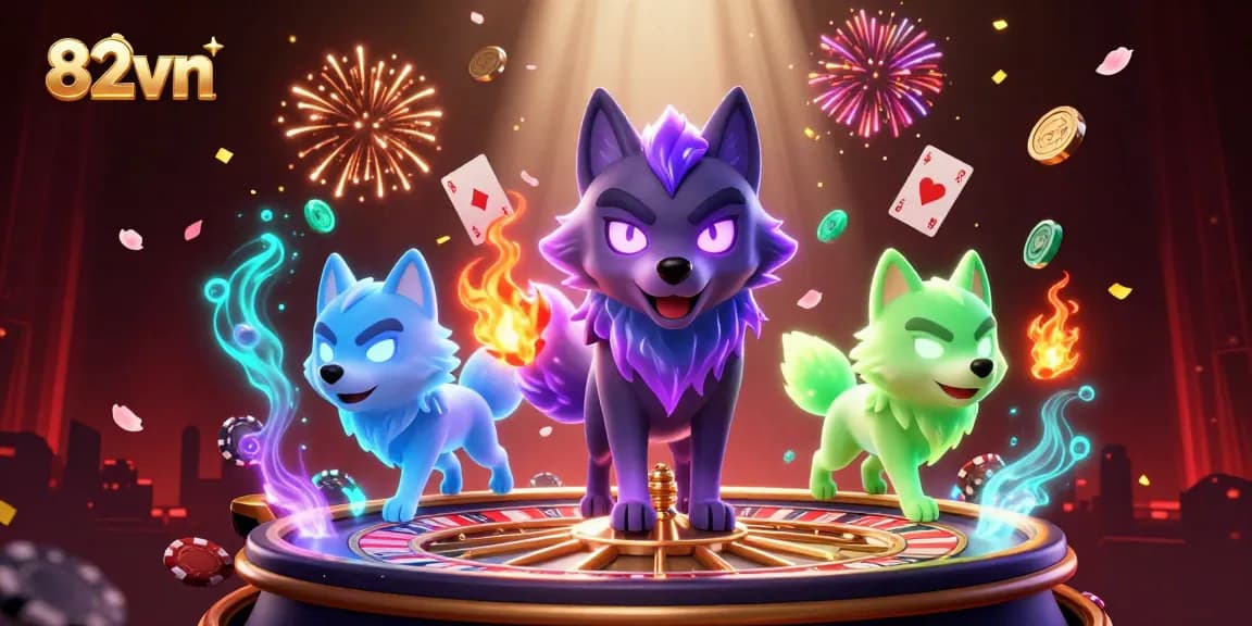 Engage with 82vn through dynamic casino excitement featuring glowing characters and thrilling game elements.