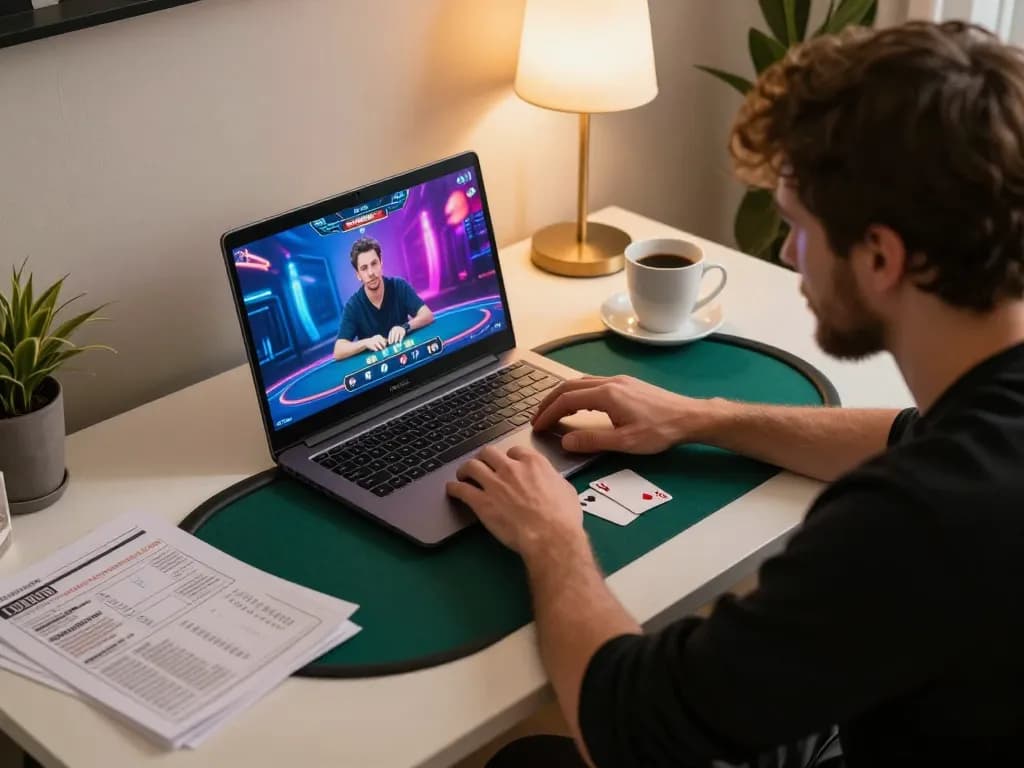 Player engaging in SC88 poker strategy on laptop in comfy home setting, focused on winning moves