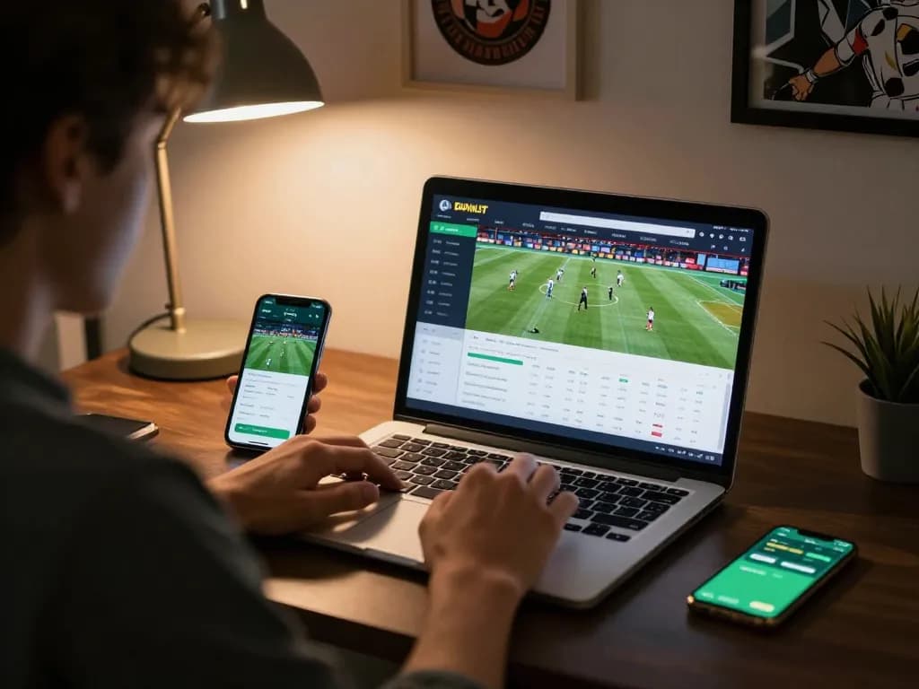 Engaging in online sports betting with XX88 on laptop, showcasing live match interface.