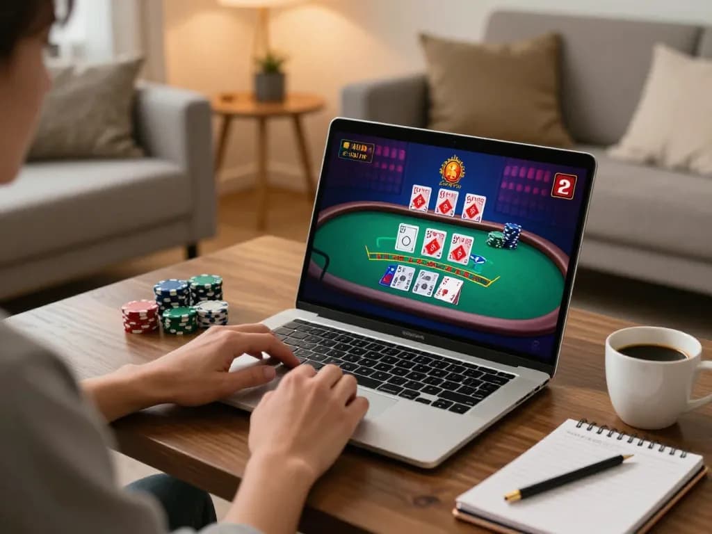 Engaging in blackjack with nhà cái gg88 online in a cozy home setting, complete with strategy notes.