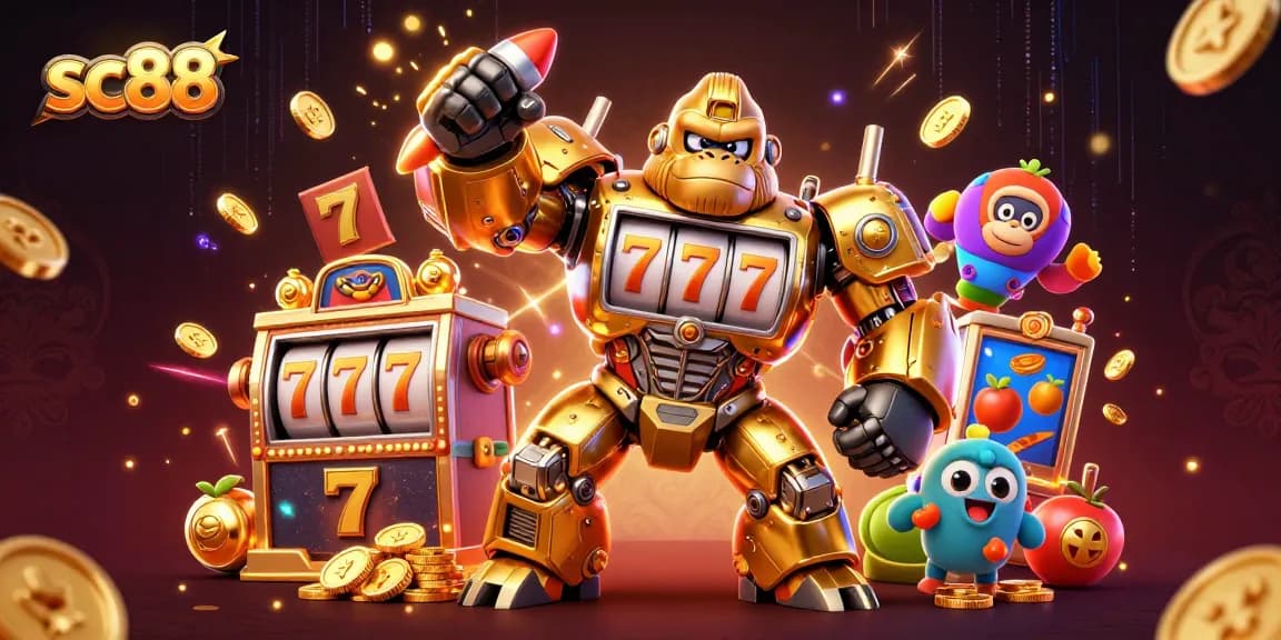 Experience the thrilling sc88 slot game world with action-packed visuals featuring dynamic golden gorilla mech and casino symbols.