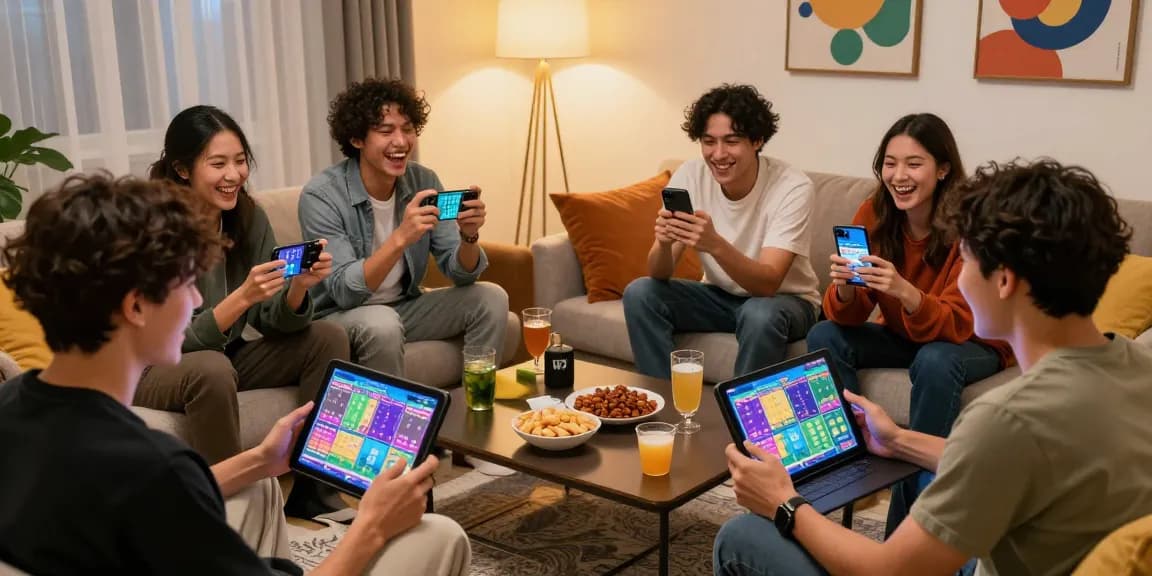 Players enjoying ulartoto togel on smartphones and tablets in inviting living room