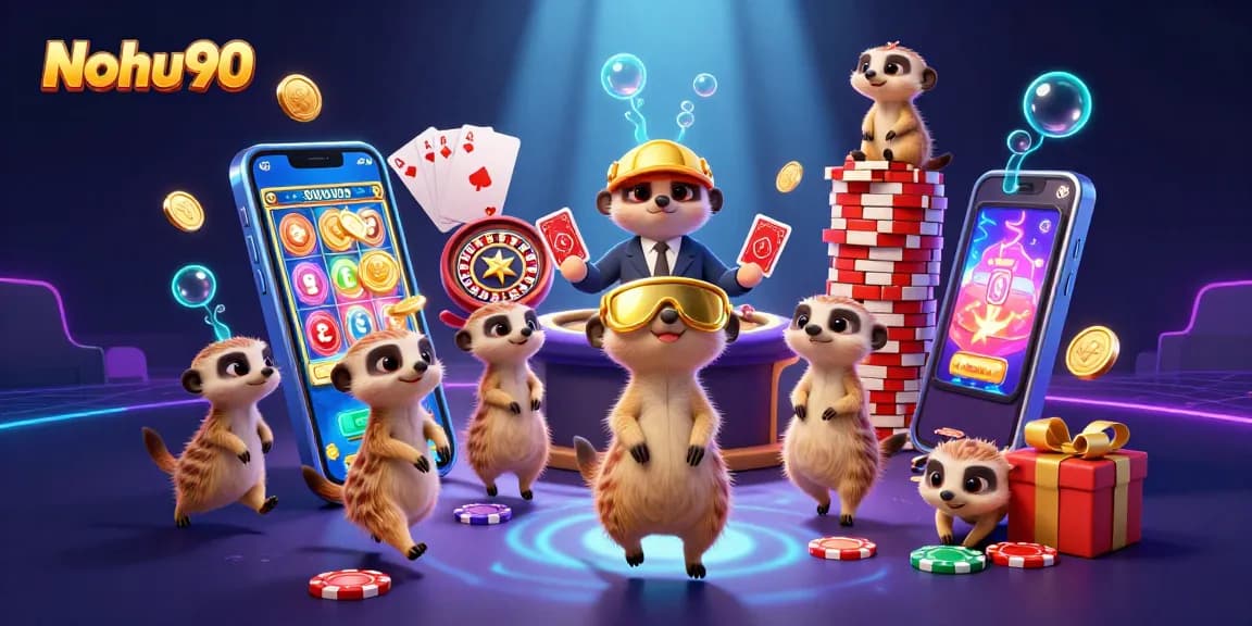 Nohu90 brings excitement with meerkats managing a vibrant casino, showcasing slots and games.