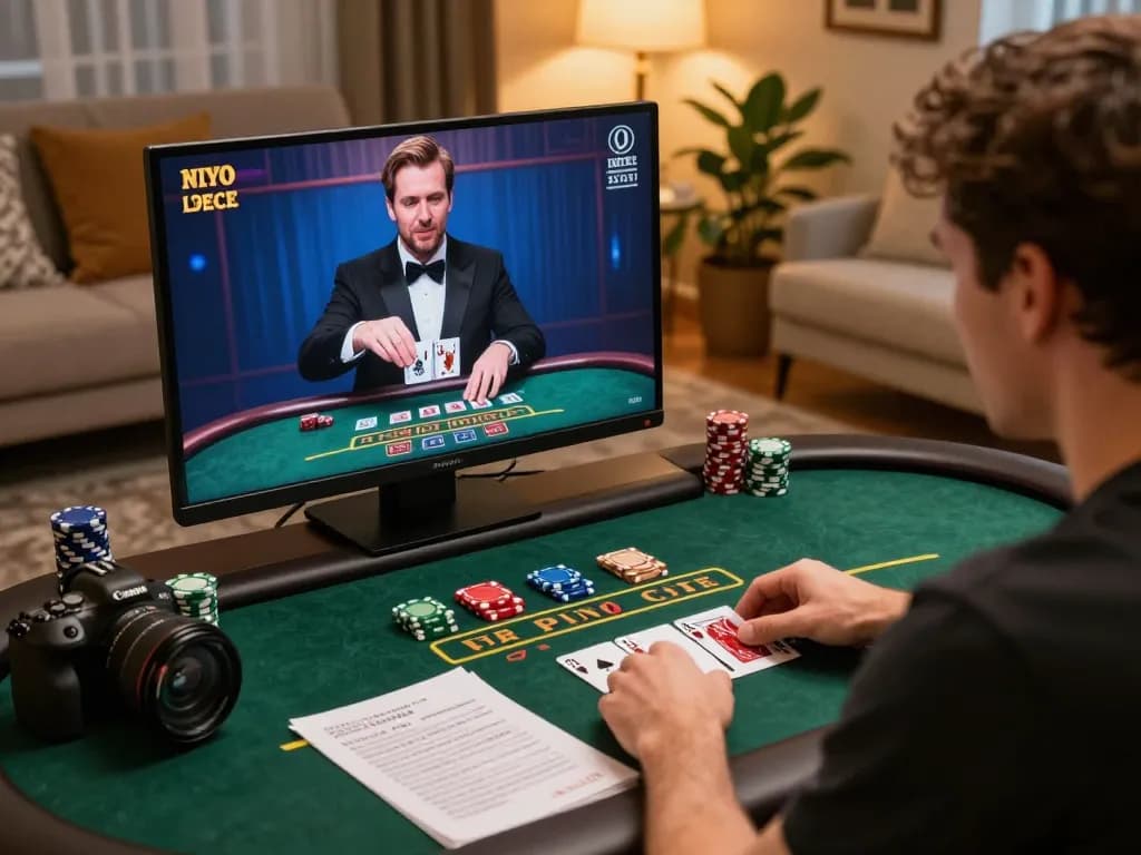 Pemain bertaruh pada blackjack dealer langsung BAGUS333, menampilkan strategi permainan di rumah.