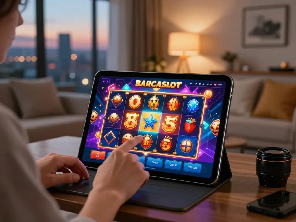 Berinteraksi dengan permainan slot digital Barcaslot di tablet dalam suasana rumah yang nyaman