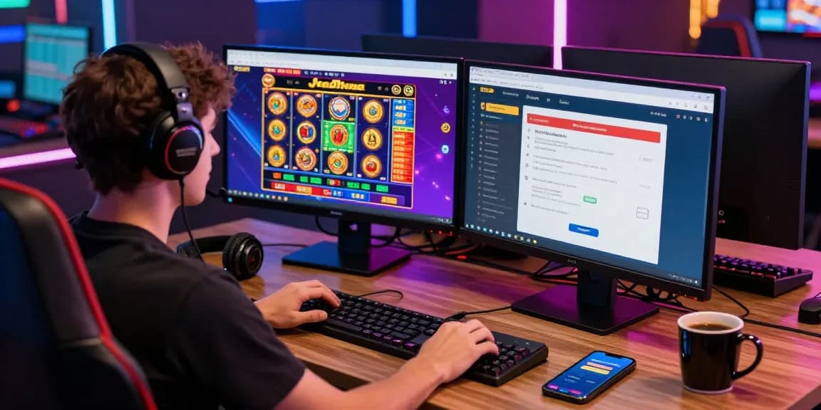 Player at scoarch.org.uk engaging with vibrant casino games on dual monitors, enhancing the thrill of online gambling.