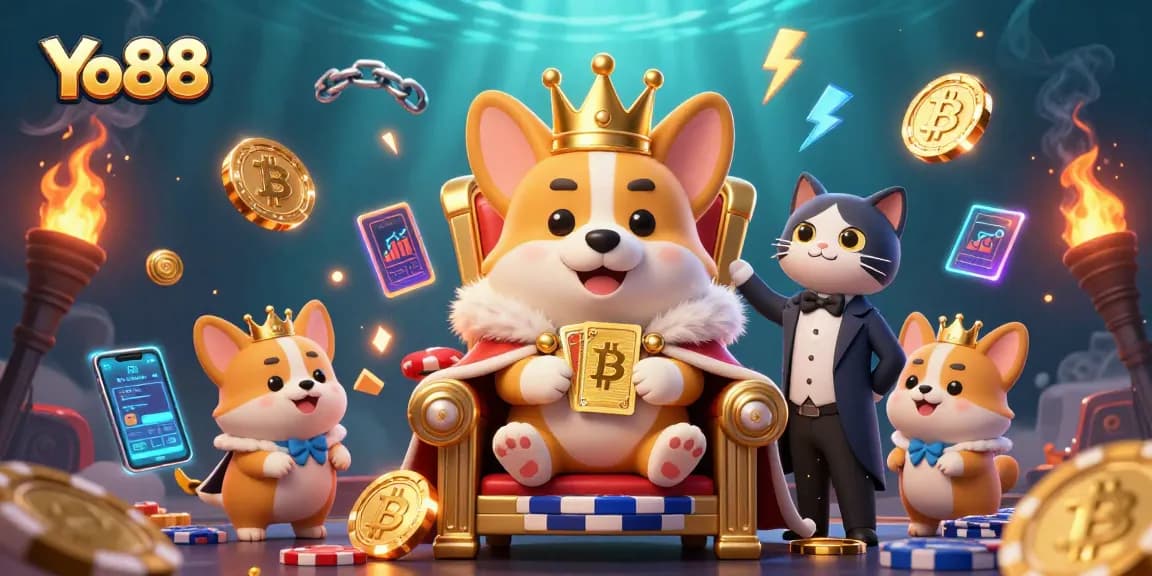 Experience the excitement of Yo88 with a royal corgi and cat butler in a vibrant casino setting.