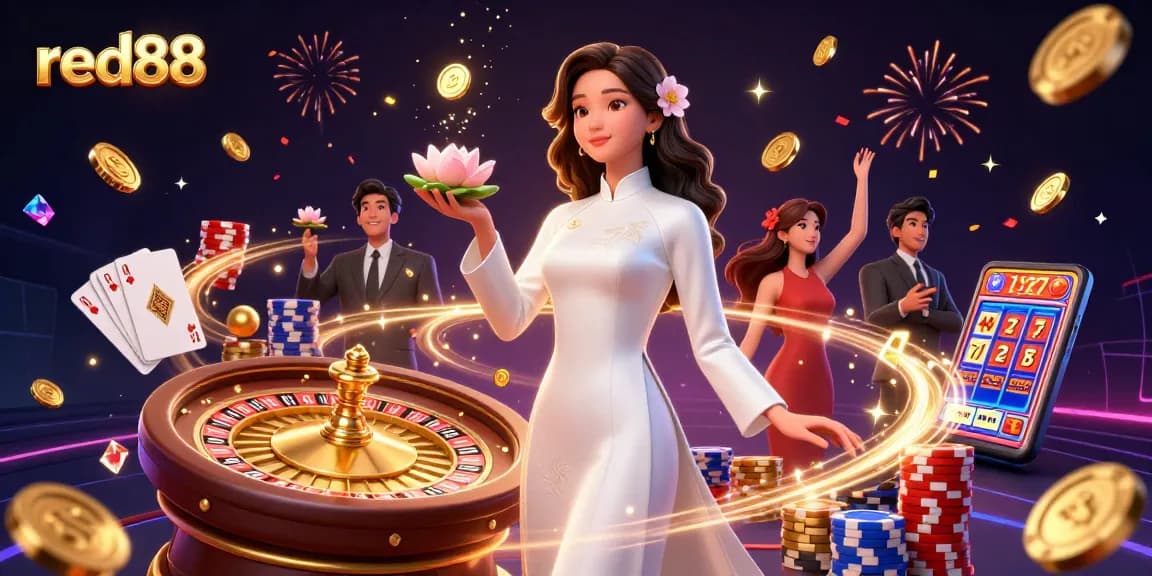 Experience the excitement of red88 with a vibrant 3D casino scene featuring games, winnings, and festive elements.