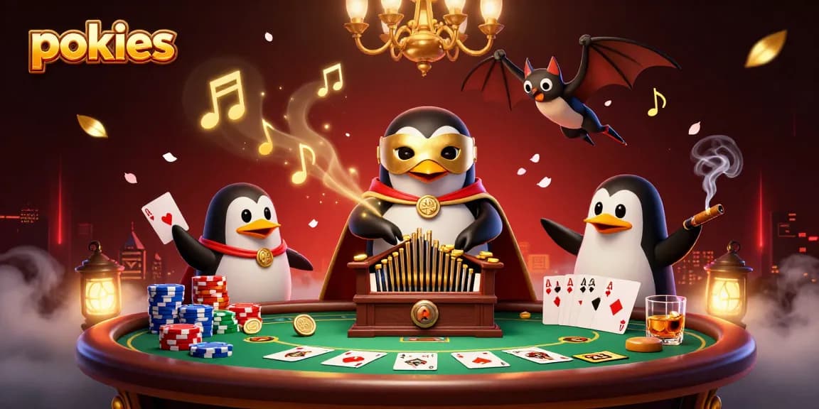 Play exciting pokies with golden coins and vibrant casino elements in this engaging illustration.